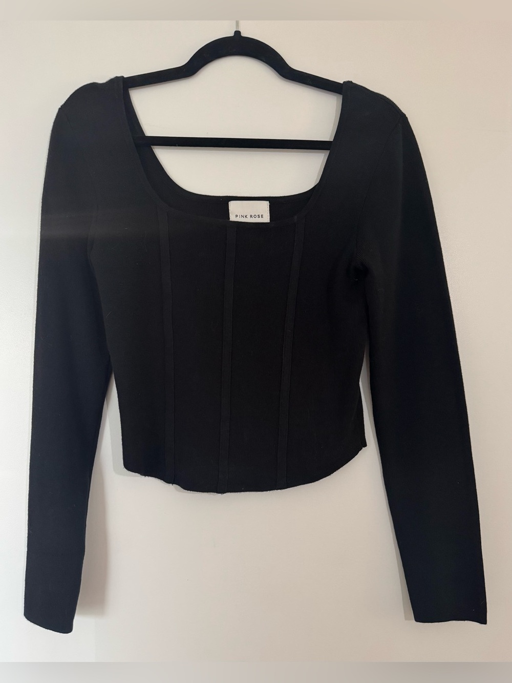 NWOT Pink Rose Black Square Neck Bodice Long Sleeve Top Medium